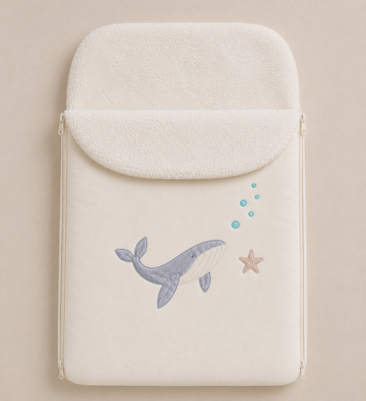 Saco de dormir para bebé Aura color gris con diseño de ballena