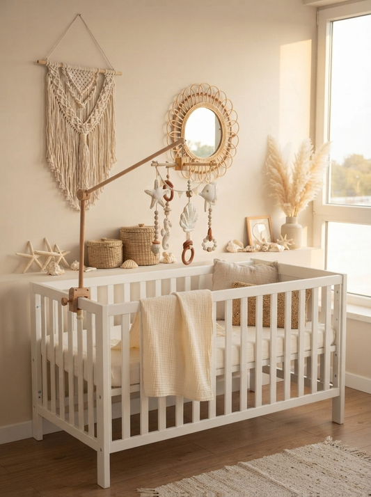 Set Cuna ✦ Móvil Aura + Soporte Madera borde cuna